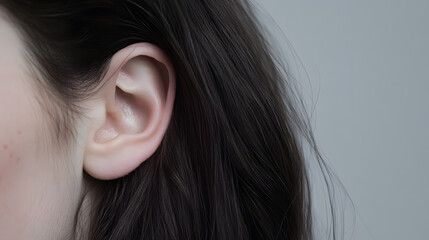 A close-up shot features a fair-skinned person's ear and dark brown hair against a soft, neutral background. The focus is on the ear's intricate details.