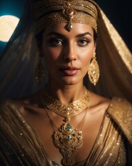 A stunning Middle Eastern woman with medium-brown skin and dark, expressive eyes. She wears intricate gold jewelry, including a headpiece
