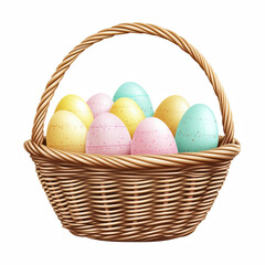 Naklejka premium Easter egg basket with colorful decorated eggs, festive holiday symbol. Isolated on transparent background. Generative Ai.