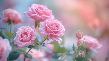 Delicate pink roses in full bloom with soft lighting and a dreamy background. A romantic and elegant floral scene, perfect for weddings or spring themed designs