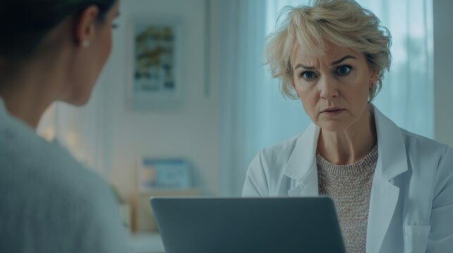 Concerned female doctor consulting with patient in medical office. Menopause Skin Care