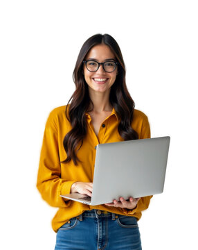 Young successful employee IT business woman corporate manager student freelancer wearing glasses work in office remotely hold use laptop pc computer isolated on white background