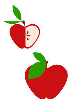 Minimalist red apple illustration with a whole apple and a half-cut apple, featuring green leaves. Perfect for food designs, nutrition concepts, and healthy eating themes. Transparent PNG