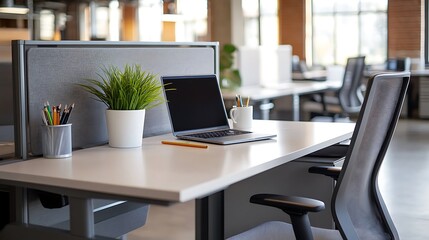 Sleek modern office with laptop and plant images