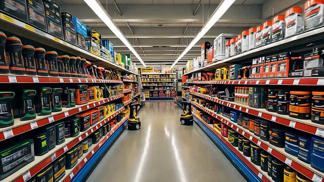 Wide Aisle in a Hardware Store with Shelves Stocked with Various Paint Cans, Tools, and Construction Supplies

