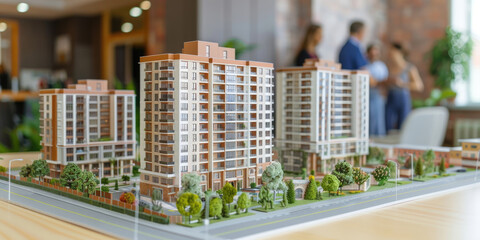 layout of a modern residential complex on a table, exhibition of a real estate construction project, a model of a multi-storey building, an office of an architectural company on a blurred background