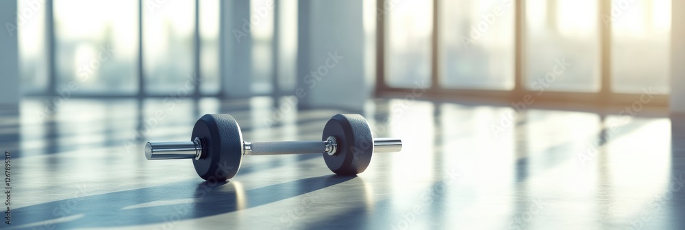 Poster dumbbell rests on a sleek gym floor in bright sunlight streaming through large windows. generative a