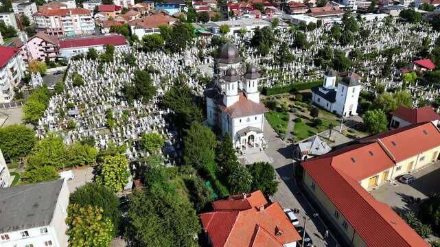 Drone captures the Church of St. John the Baptist in Ramnicu Valcea, Romania