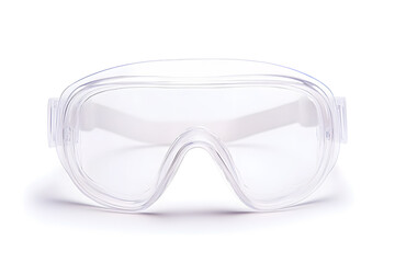 Clear protective goggles with a white strap, designed for eye safety against splashes and particles. Essential gear for lab, construction, or medical settings.