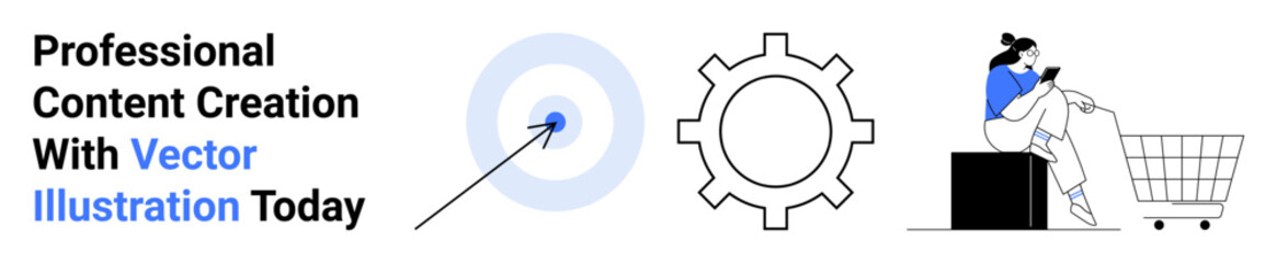 Target with arrow hitting center, gear icon symbolizing strategy, woman using smartphone beside shopping cart. Ideal for e-commerce, digital marketing, business strategy, retail, content creation