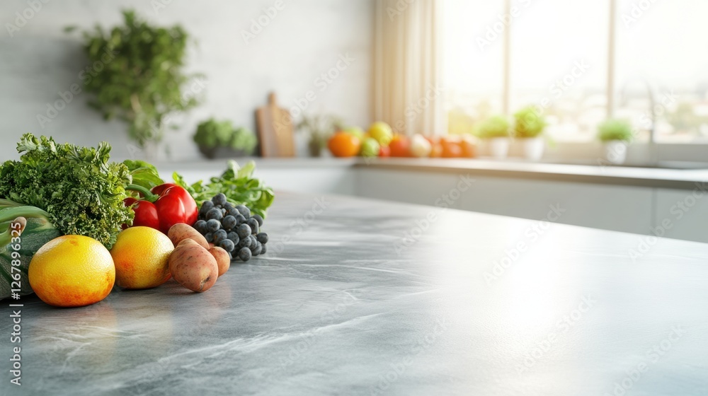 Aufkleber fresh fruits and vegetables arranged on a kitchen countertop with sunlight streaming in through larg