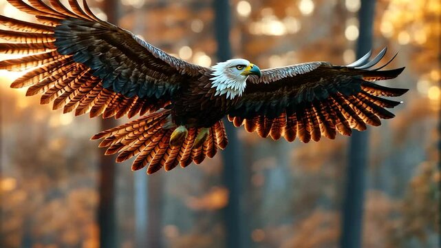 Bald eagle soaring autumn forest sunset wildlife