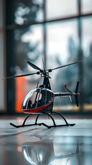 Display of a Sleek, Sophisticated RC Helicopter With Detailed Design in an Indoor Setting