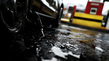 Leaking Fuel Nozzle at a Gas Station Dripping Gasoline onto the Pavement, Posing a Safety and Environmental Risk