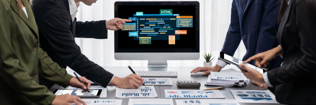 Software development or programming work with coding screen of various programming languages like HTML, Python, Java, and C brisk for new application development