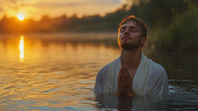 spiritual cleansing scene of a young man in white robe praying after baptism standing in the river water with hands clasped and eyes closed at sunset