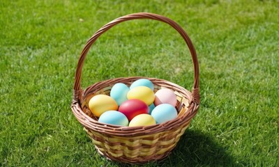 A colorful basket filled with pastel eggs resting on a fresh green lawn, perfect for spring celebrations.