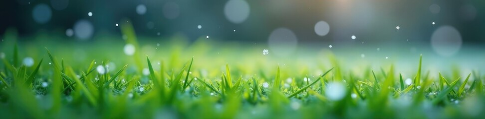 Obraz premium A delicate snowflake gently falls on a bright green grass lawn amidst the silence of winter, Serene Scene, Frozen, Nature