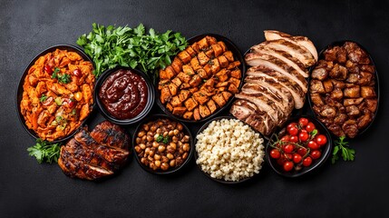 Obraz premium A delicious spread of roasted chicken, sweet potatoes, and other savory dishes. Perfect for a family gathering!