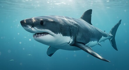 Fototapeta premium Great White Shark Swimming Underwater in Ocean with Sunlight