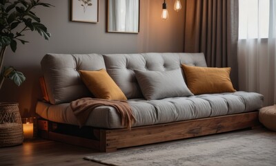 A cozy living room featuring a light gray sofa with orange accent pillows, creating a warm and inviting atmosphere.