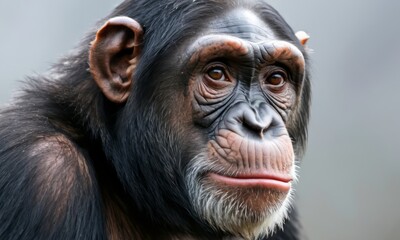 Close-up portrait of a thoughtful chimpanzee displaying intricate facial features and expressive eyes.