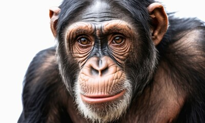 Fototapeta premium Close-up portrait of a young chimpanzee highlighting its expressive eyes and detailed facial features.