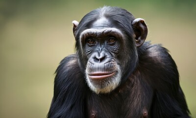 Fototapeta premium Close-up of a male chimpanzee with a thoughtful expression in its eyes, showcasing its intricate facial features.