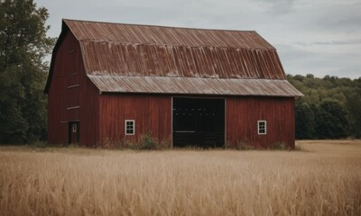 Obraz premium A rustic red barn stands proudly amidst golden fields, exuding charm and tranquility in a serene rural setting.