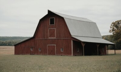 Obraz premium A rustic red barn stands peacefully in a vast open field, surrounded by lush greenery under a cloudy sky.