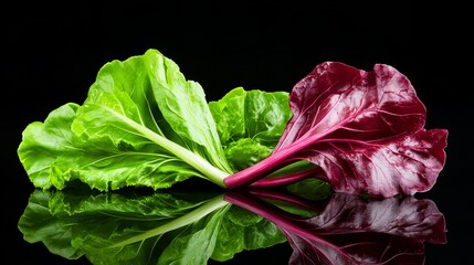 Vibrant green and crimson chard leaves contrast beautifully against a black background. A healthy and visually appealing image.