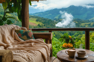 Rustic outdoor seating area with a warm blanket, a wooden table, and fresh coffee against a breathtaking mountain view