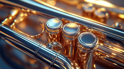 Naklejka premium Close-up trumpet valves, polished brass, musical instrument, soft focus background