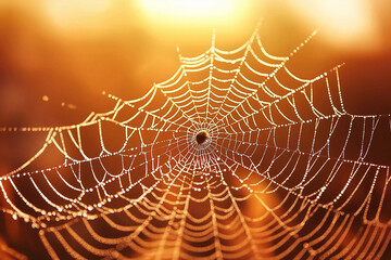 Golden Hour Spiderweb: Dew-Kissed Strands at Sunrise