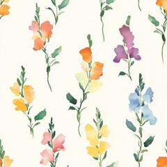 Elegant Floral Watercolor Pattern with Snapdragon Flowers on Cream Background Detailed Design