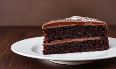 A delicious slice of rich chocolate cake on a white plate, showcasing layers of moist chocolate sponge and creamy frosting.