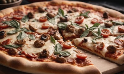 Delicious pizza topped with fresh basil, cherry tomatoes, and flavorful meats, served on a wooden board.