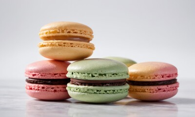 Obraz premium A colorful assortment of French macarons in pastel hues, showcasing delightful textures and flavors.