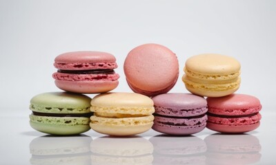 Fototapeta premium Colorful stack of French macarons in pastel shades, showcasing delightful flavors.