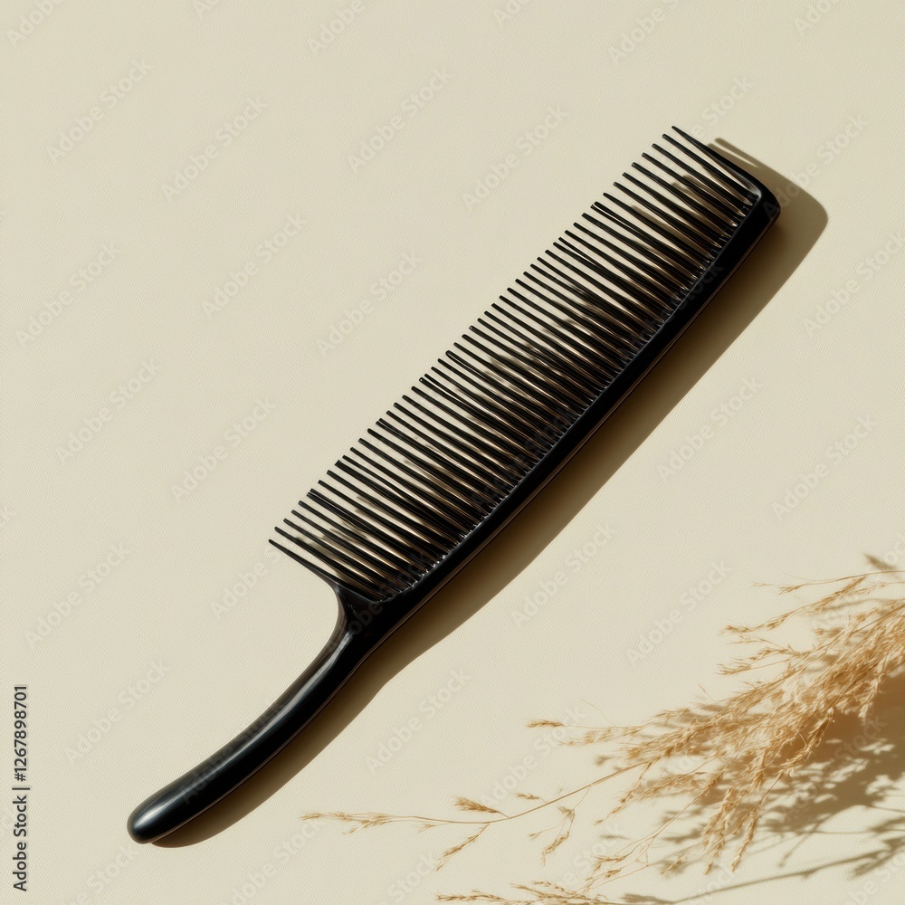 Poster Simple black comb displayed against a neutral background with soft shadows highlighting its design and texture. Generative AI