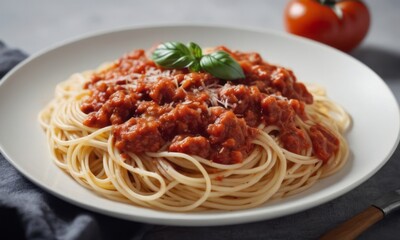 A delicious plate of spaghetti topped with rich tomato sauce and fresh basil.
