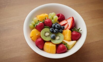 A vibrant bowl of fresh fruits, including strawberries, blueberries, kiwi, and mango, perfect for a healthy snack.