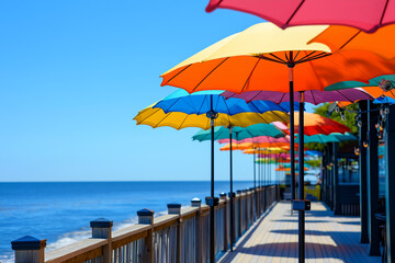 Colorful beach umbrellas lined up along a boardwalk overlooking the ocean on a bright sunny day
