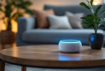 Smart speaker device listening on wooden table in living room