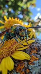 Obraz premium Iridescent Wasp on Yellow Flowers in Sunlight