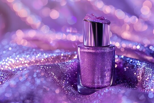 A glittery purple nail paint bottle, set against a soft purple fabric with sparkles