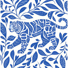Vibrant Blue Tiger in Exotic Leaf Pattern Design for Artistic Use