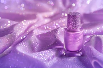A glittery purple nail paint bottle, set against a soft purple fabric with sparkles