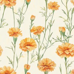 Watercolor Marigold Garden Floral Illustration Pattern Marigold Blossoms on Light Neutral Field