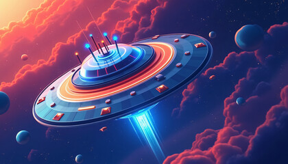 Vibrant UFO Flying Through Space with Planets for Sci-Fi Illustrations
